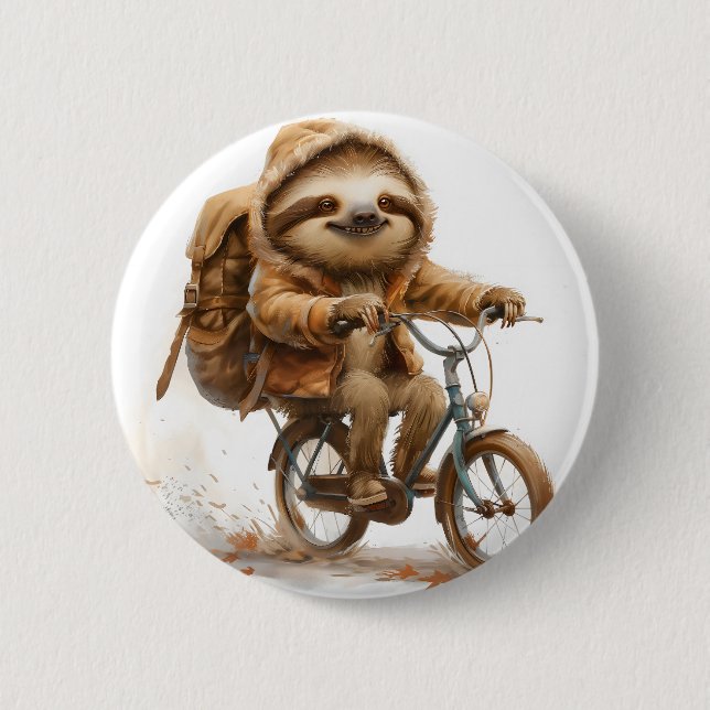 Smiling Sloth Cyclist 2 Inch Round Button (Front)