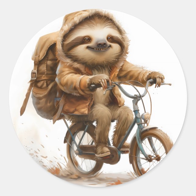 Smiling Sloth Cyclist Classic Round Sticker (Front)