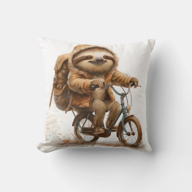 Smiling Sloth Cyclist Throw Pillow (Front)