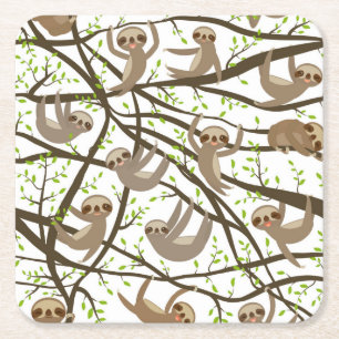 Smiling Sloth Pattern Square Paper Coaster