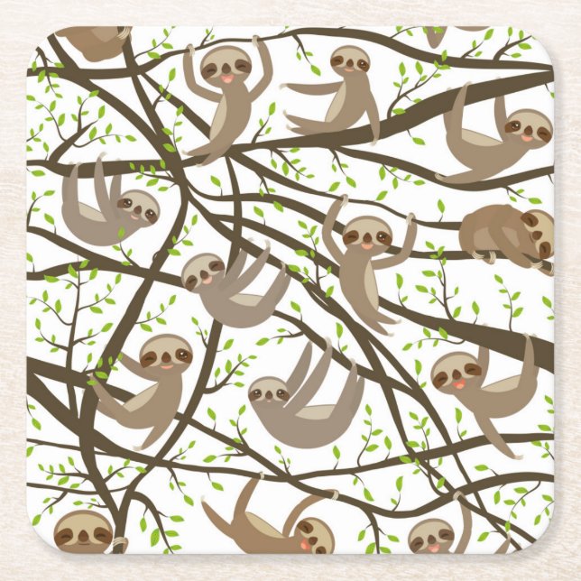 Smiling Sloth Pattern Square Paper Coaster (Front)