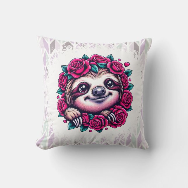 Smiling Sloth Surrounded by Roses Throw Pillow (Front)