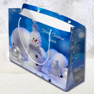 Smiling Snowman Add Name Christmas Snow Large Gift Bag