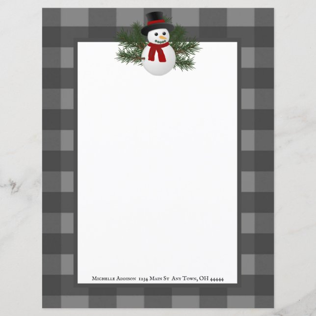 Smiling Snowman Buffalo Plaid Paper Stationery (Front)