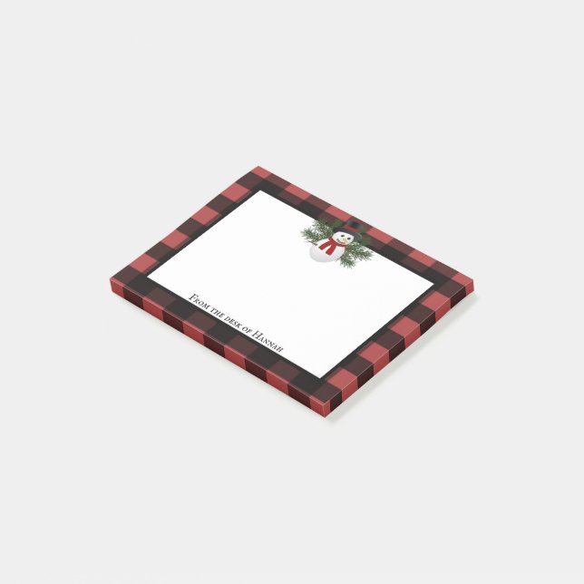 Smiling Snowman Buffalo Plaid Personalized Post-it Notes (Angled)