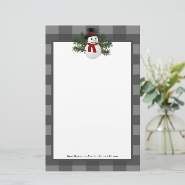 Smiling Snowman Buffalo Plaid Personalized Stationery (Standing Front)