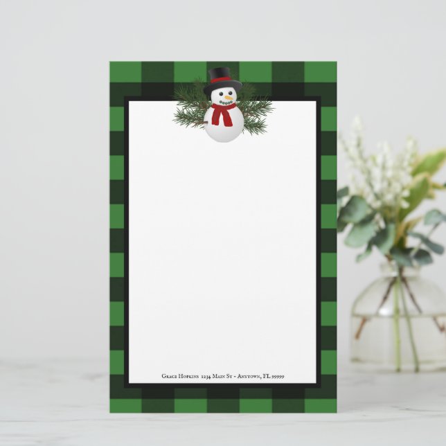 Smiling Snowman Buffalo Plaid Personalized Stationery (Standing Front)