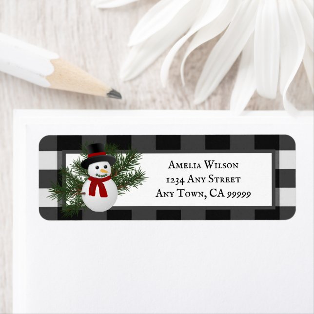 Smiling Snowman Buffalo Plaid Return Address (Insitu)