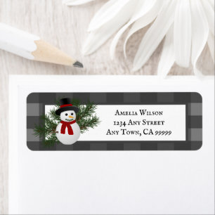 Smiling Snowman Buffalo Plaid Return Address Label