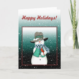 Smiling Snowman, Cardinal in a Snowstorm Card