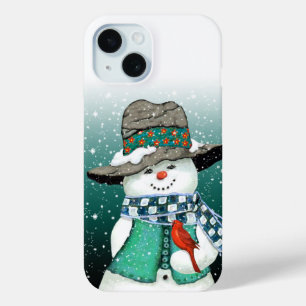 Smiling Snowman, Cardinal in a Snowstorm iPhone 15 Case