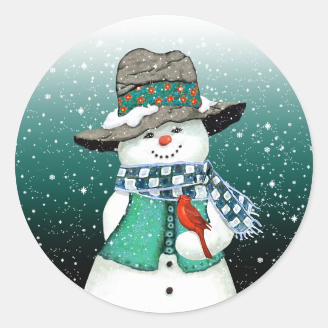 Smiling Snowman, Cardinal in a Snowstorm Stickers (Front)