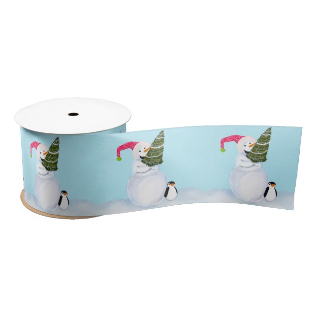 Smiling Snowman Christmas Cute Penguin & Tree Satin Ribbon (Spool)