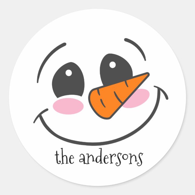 Smiling Snowman Face Personalized Family Name Classic Round Sticker (Front)