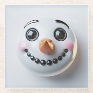 Smiling Snowman Face Square Glass Coaster