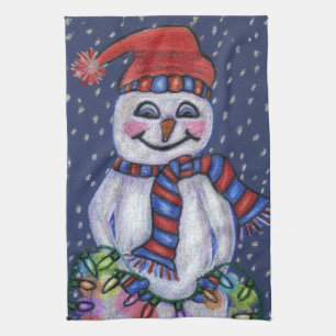 Smiling Snowman Hat Scarf Snow Christmas Lights Kitchen Towel