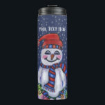 Smiling Snowman Hat Scarf String Christmas Lights Thermal Tumbler<br><div class="desc">This thermal tumbler bottle to keep your drinks cold or hot is dark blue with falling snowflakes and a smiling snowman wearing a winter hat and scarf holding a shining string of lit Christmas lights.  Customize your text with template.</div>