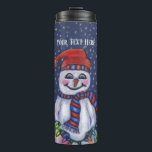 Smiling Snowman Hat Scarf String Christmas Lights Thermal Tumbler<br><div class="desc">This thermal tumbler bottle to keep your drinks cold or hot is dark blue with falling snowflakes and a smiling snowman wearing a winter hat and scarf holding a shining string of lit Christmas lights.  Customize your text with template.</div>