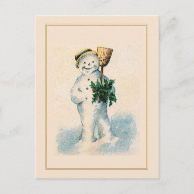 Smiling Snowman Holly Broom Vintage Christmas Holiday Postcard (Front)