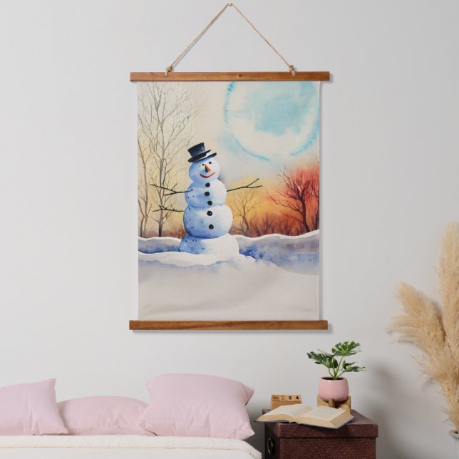 Smiling Snowman in a Winter Sunset Watercolor Hanging Tapestry (Bedroom)