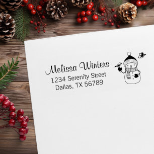 Smiling Snowman in Knitted Hat and Scarf Address Rubber Stamp