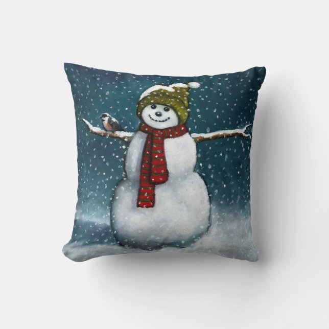 Smiling Snowman in Snow: Chickadee: Pastel Art Throw Pillow (Front)