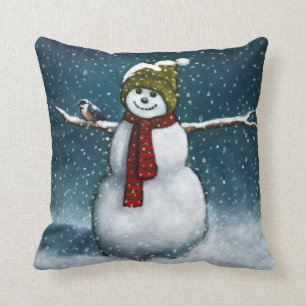 Smiling Snowman in Snow: Chickadee: Pastel Art Throw Pillow