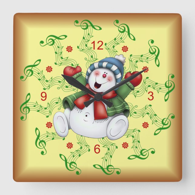Smiling Snowman ~ Musical Scrolls ~ Christmas ~ Square Wall Clock (Front)