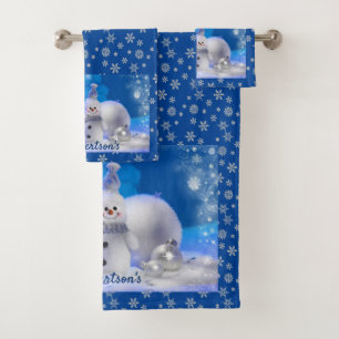 Smiling Snowman on Blue Personalize Name Bathroom  Bath Towel Set