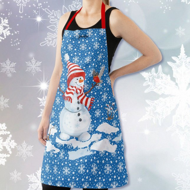 Smiling Snowman Personalize Name Christmas Gift Apron (Creator Uploaded)