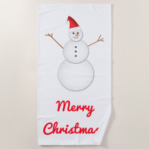 Smiling Snowman, Red Santa Hat, "Merry Christmas!" Beach Towel