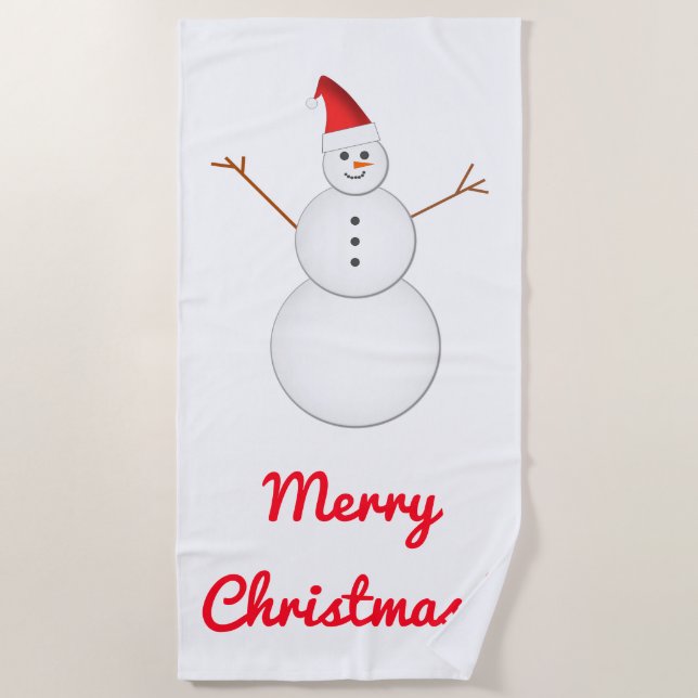 Smiling Snowman, Red Santa Hat, "Merry Christmas!" Beach Towel (Front)