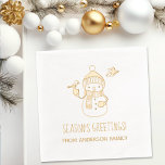Smiling Snowman Seasons Greetings Foil Napkins<br><div class="desc">Cute smiling cartoon snowman wearing knitted hat,  scarf,  and mittens,  befriended by a pair of birds. Customize with your own message.</div>