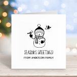 Smiling Snowman Seasons Greetings Rubber Stamp<br><div class="desc">Cute smiling cartoon snowman wearing knitted hat,  scarf,  and mittens,  befriended by a pair of birds. Customize with your own message.</div>