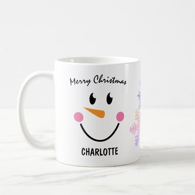Smiling Snowman's Face, Snowflake, Merry Christmas Coffee Mug (Left)
