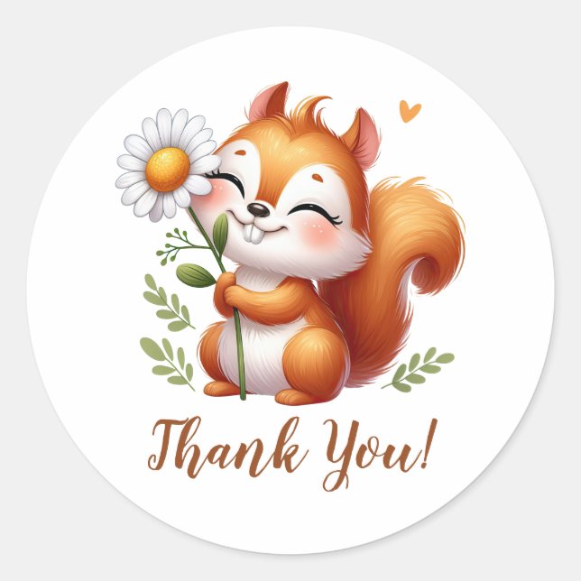 Smiling Squirrel with Sunflower Thank You  Classic Round Sticker (Front)