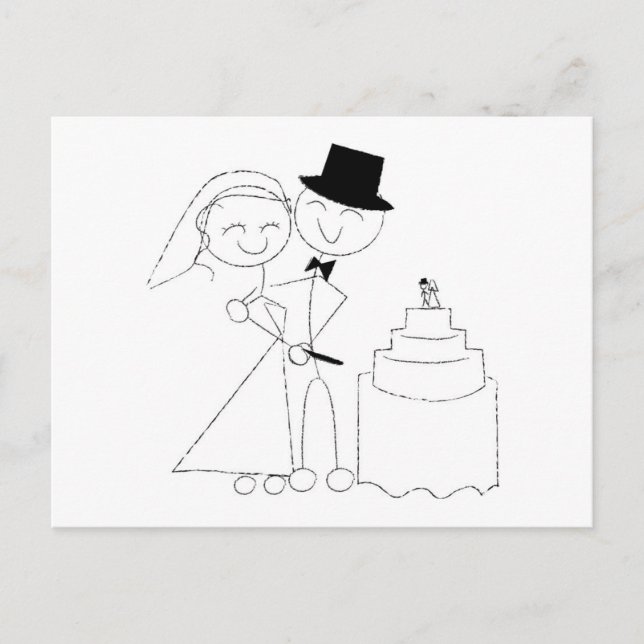 Smiling Stick Figure Couple Cuts the Wedding Cake Postcard (Front)