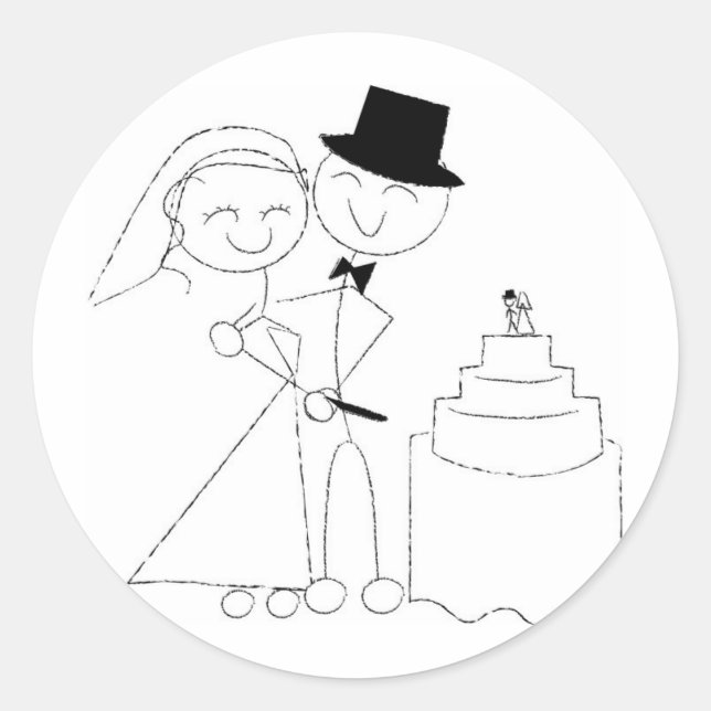 Smiling Stick Figure Couple Cuts Wedding Cake RSVP Classic Round Sticker (Front)