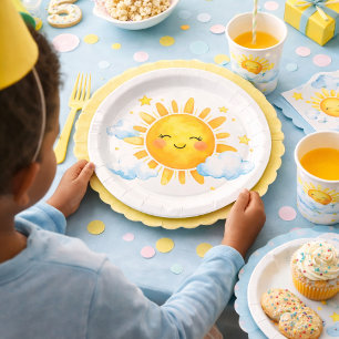 Smiling Sun Blue Clouds Baby Shower Theme Paper Plate