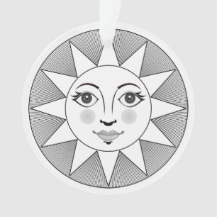 Smiling Sun Face Black and white Astronomy Symbol Ornament