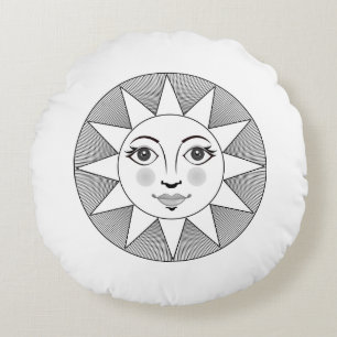 Smiling Sun Face Black and white Astronomy Symbol Round Pillow