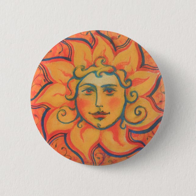 Smiling Sun, Fairytale Fantasy Art, Orange Yellow 2 Inch Round Button (Front)