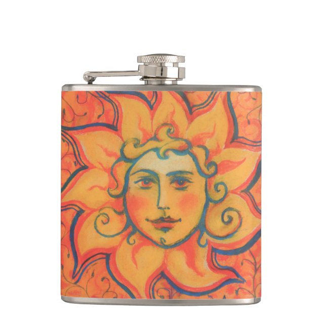 Smiling Sun, Fairytale Fantasy Art, Orange Yellow Hip Flask (Front)