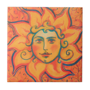 Smiling Sun, Fairytale Fantasy Art, Orange Yellow Tile