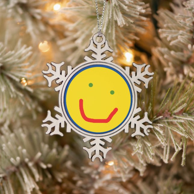 Smiling Sun Happy Face Snowflake Pewter Christmas Ornament (Tree)