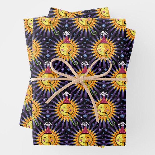 Smiling Sun Stars With Party Hat birthday Blower Wrapping Paper Sheet (In situ)