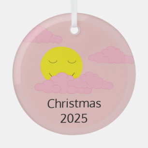 Smiling Sun with Popcorn Clouds: Hazy Pink Glass Ornament
