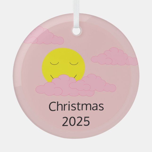 Smiling Sun with Popcorn Clouds: Hazy Pink Glass Ornament (Front)