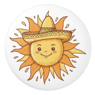 Smiling Sun with Sombrero - Sunny Fiesta Doodle Ceramic Knob