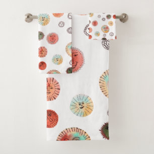 Smiling Suns Watercolor Whimsical Weird Pattern Bath Towel Set